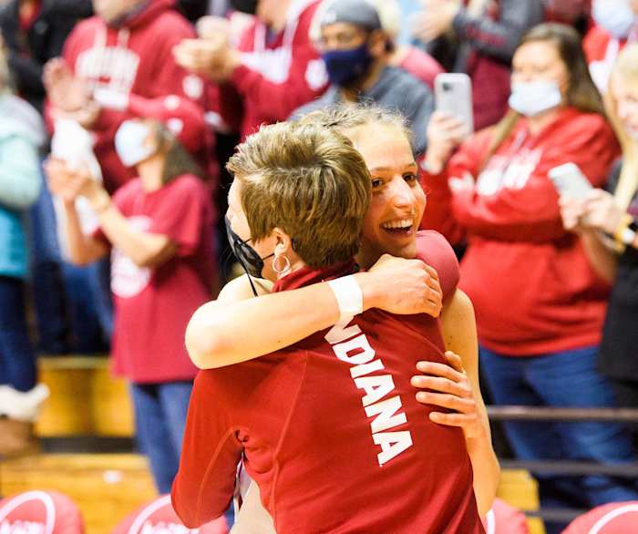 Indiana head coach Teri Moren hugs Ali Patberg.